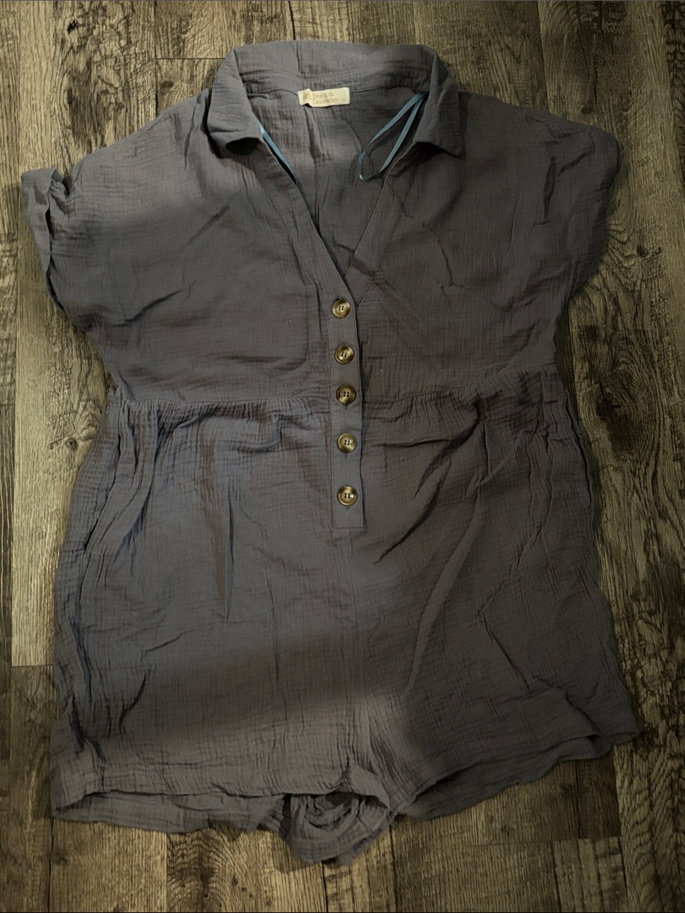 Leela & Lavender Linen Button-Front Romper - Blue - Size Large